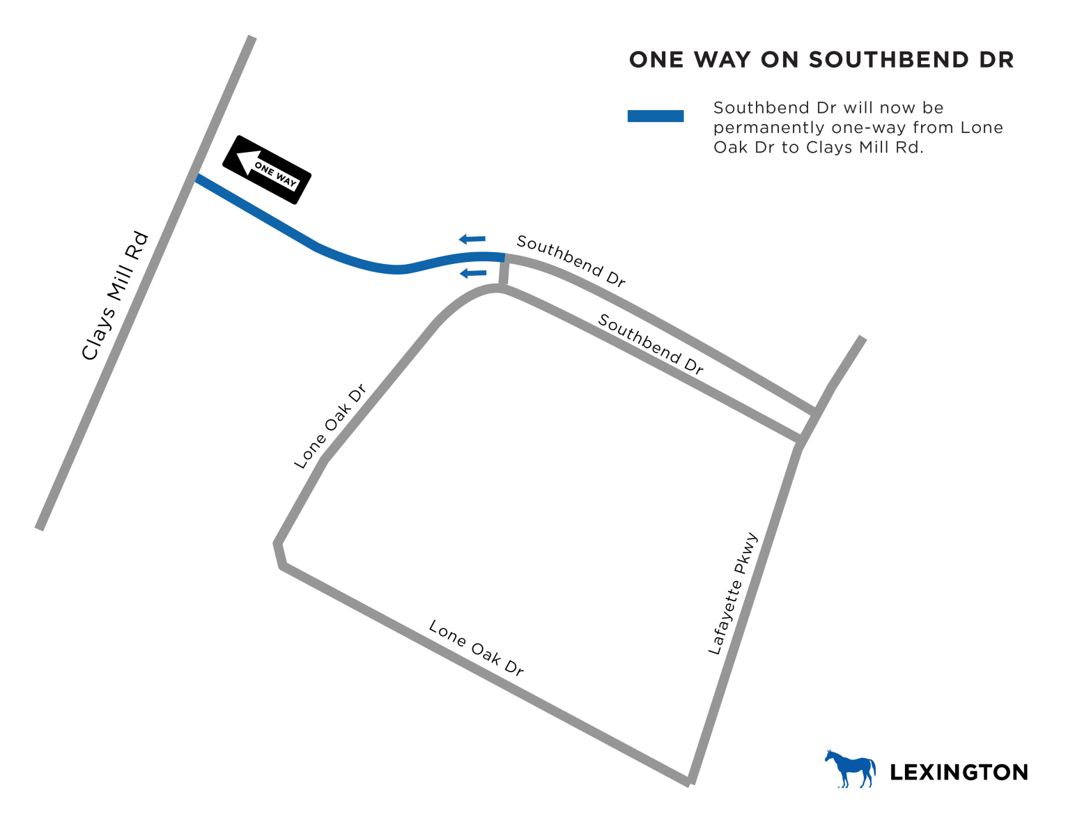 line drawing showing Southbend Drive as one way from Lone Oak Drive to Clays Mill Road