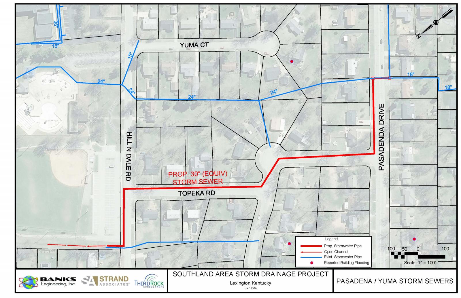 map of proposed storm sewers at Pasadena and Yuma
