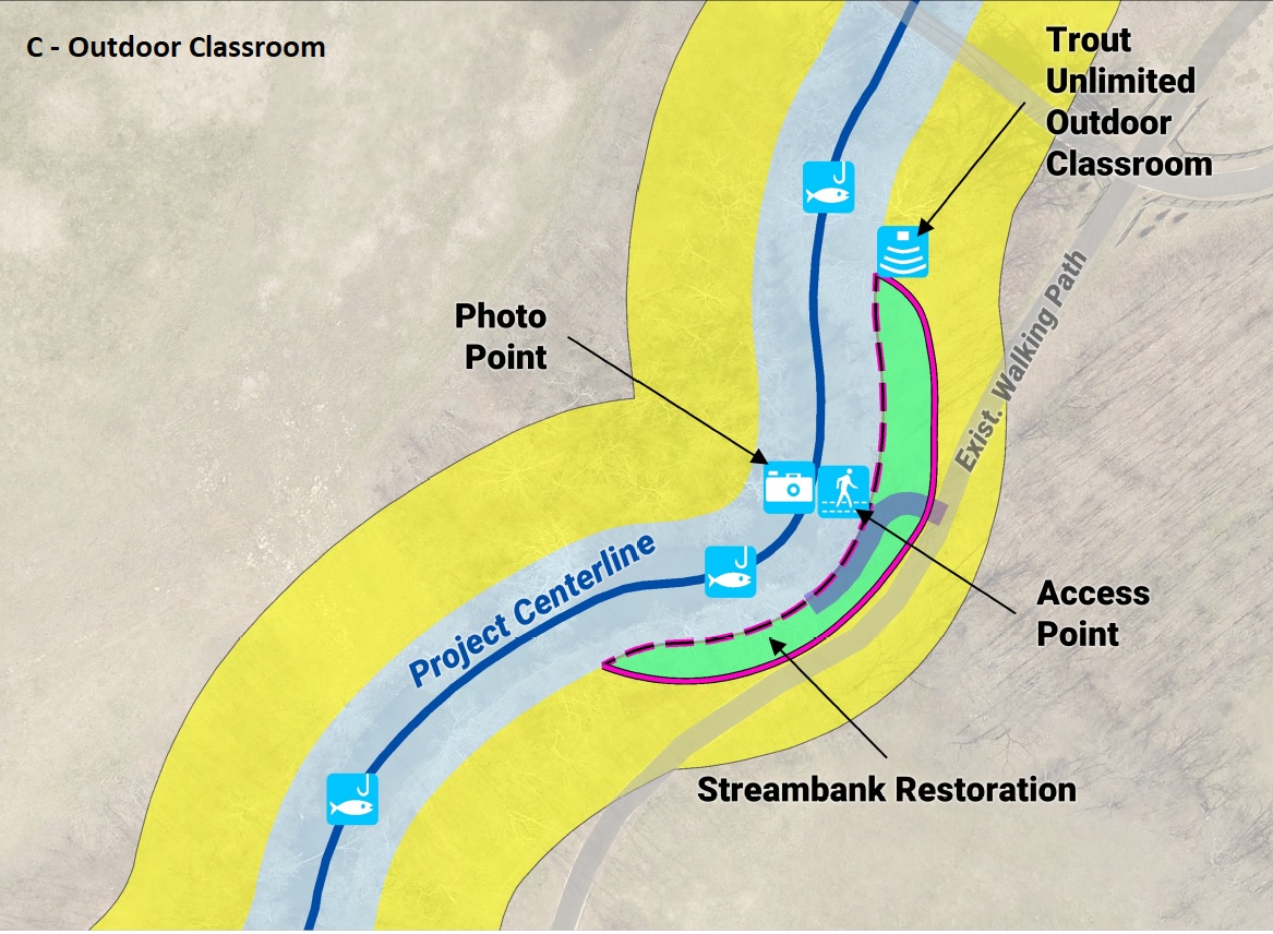 diagram of outdoor classroom near creek. Includes pathways to creek and easier stream access