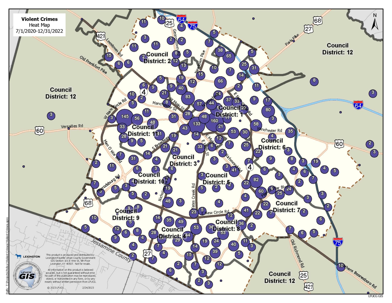 Violent Crime Cluster Map by Council District