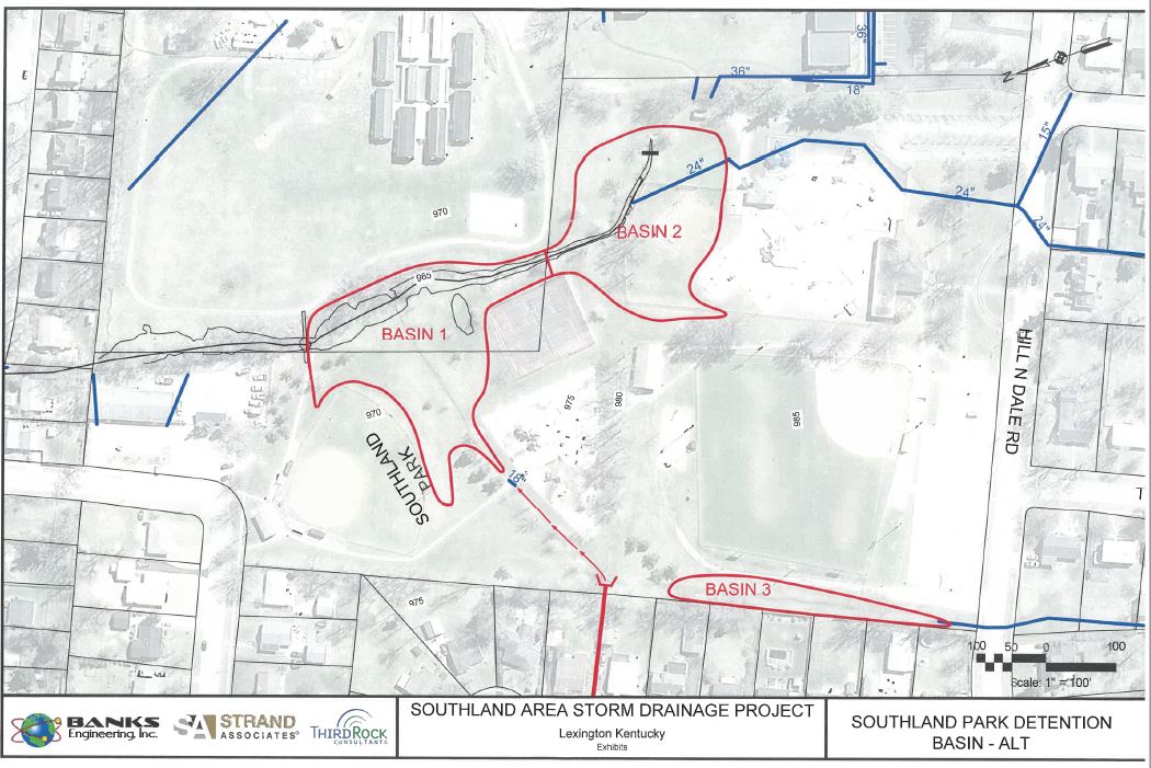 Southland Park detention basins map drawing