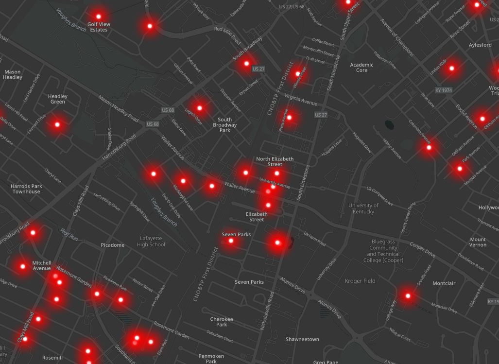a screenshot of Lexington's Elizabeth Street area with dozens of red dots that represent utility right of way permits that have been issued 