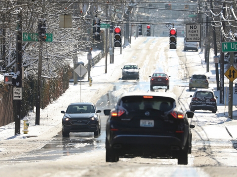 Snowy roads in downtown Lexington.