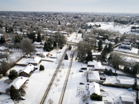 Snow covered arial view of Lexington