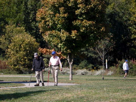Two senior adults walking through the park. 