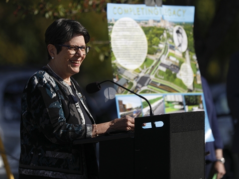 Mayor Linda Gorton speaks during the ribbon cutting for the completion of the Legacy Trail.