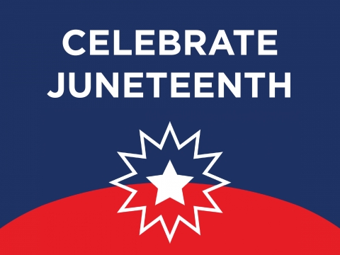 Image with elements of Juneteenth flag that reads Celebrate Juneteenth
