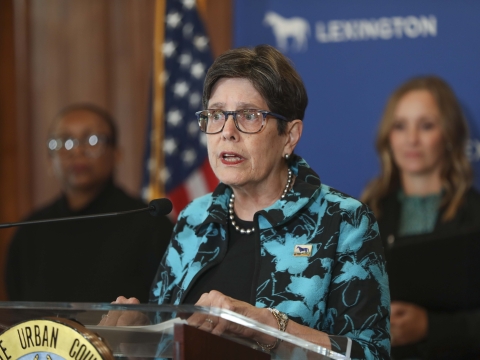 Mayor Linda Gorton speaks at a lectern during a press conference