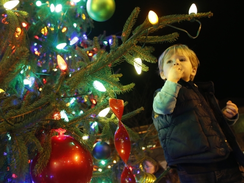 small boy in front of lit up Christmas tree