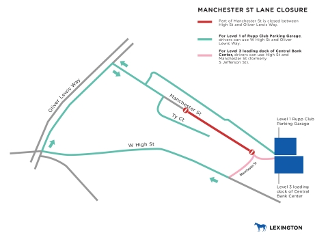 map showing part of Manchester Street closed with highlighted routes to the Central Bank Center and Ty Court