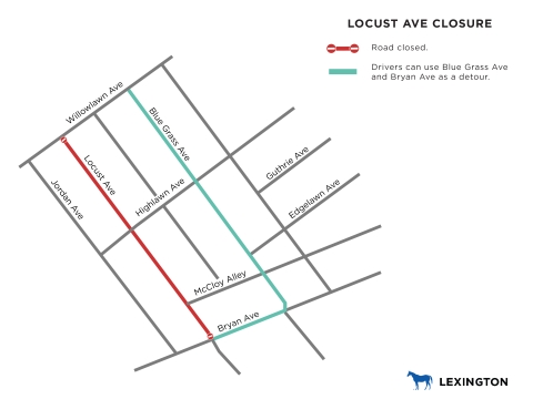 a map showing Locust Avenue closed from Willowlawn to Bluegrass