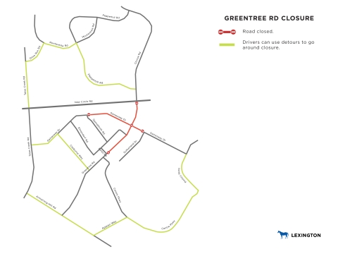 a simple map showing the Greentree Road and Gainesway intersection as closed